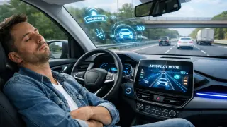 Un hombre durmiendo mientras su Tesla circula mediante conducción autónoma