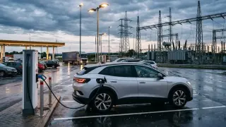 Un coche eléctrico cargando en una estación de carga rápida.