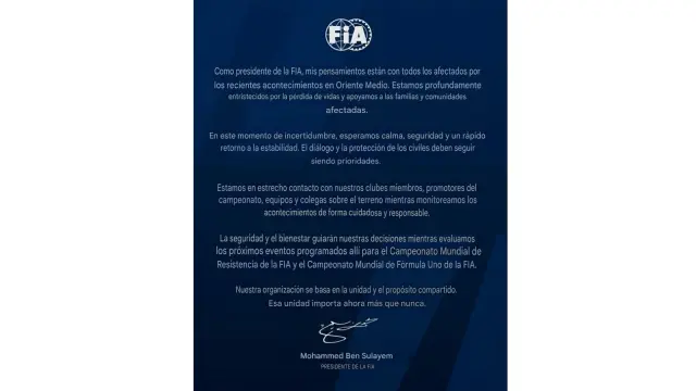 Comunicado oficial de la Federación Internacional de Automovilismo