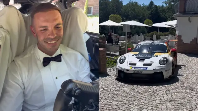 Llega a su boda subido en un Porsche de competición