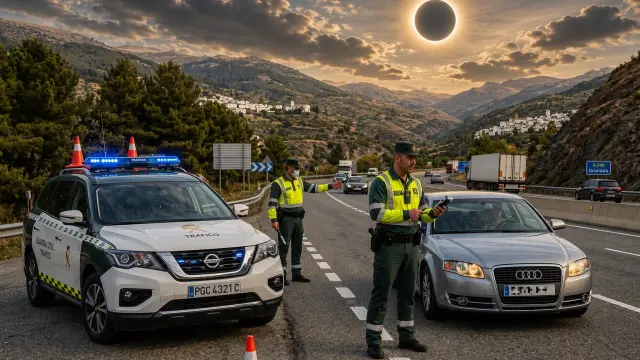Una montaje creado por IA en la que se ve un control de la Guardia Civil real y un cielo figurado con el eclipse de sol total.