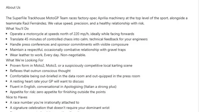 La oferta del Trackhouse publicada en LinkedIn.
