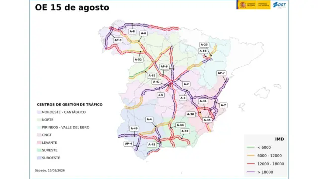 Previsión del flujo de tráfico el sábado 15 de agosto