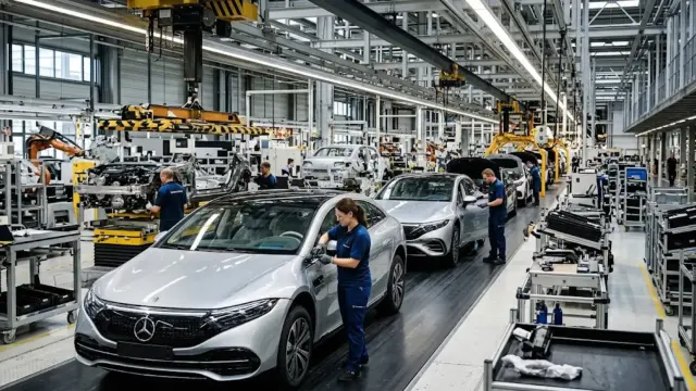 Operarios ensamblando coches en una fábrica europea.