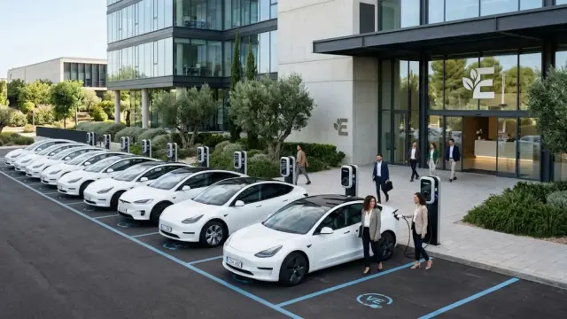 La entrada de una empresa con una flota de coches eléctricos aparcados en la puerta.