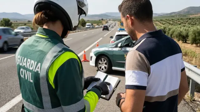Una agente de la Guardia Civil habla con un conductor.