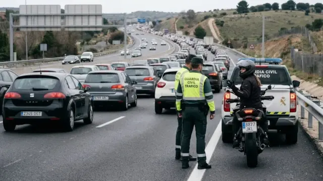 Agentes de la Guardia Civil hablando con un motorista.