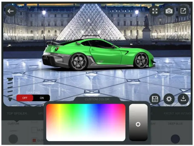 Gran selección de piezas y colores en el juego 3D Tuning