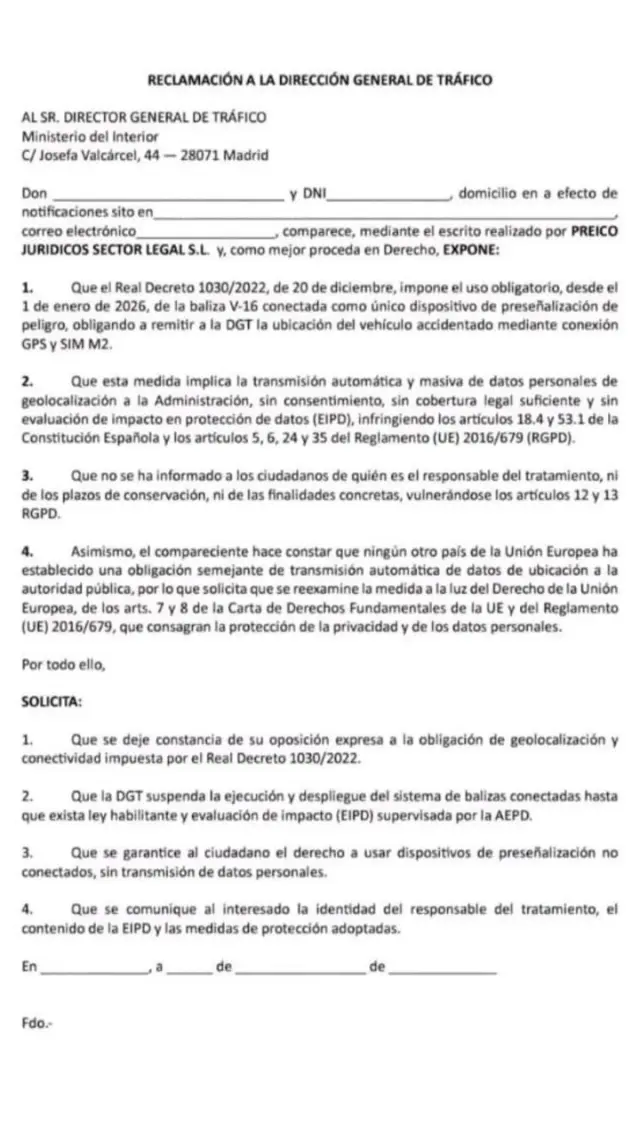 Reclamación a la DGT para no pagar multa por la baliza V16 conectada.