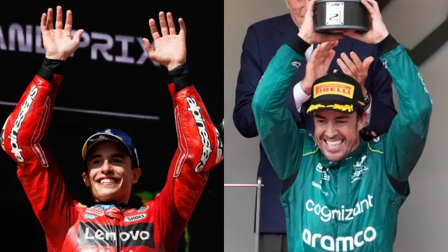 Marc Márquez y Fernando Alonso celebrando en el podio