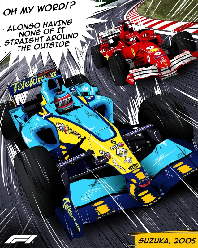 La viñeta al más puro estilo japonés del adelantamiento de Alonso a Schumacher