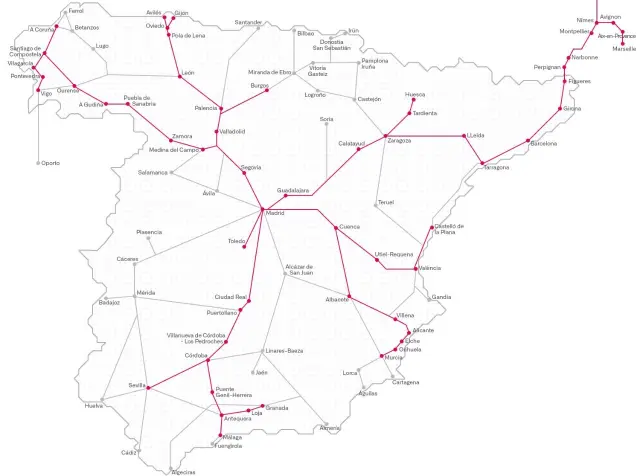 Líneas de alta velocidad y larga distancia de España.