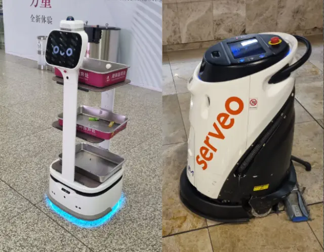 Robots: el de la izquierda, visto en el aeropuerto de Shenzhen; el de la derecha, en Barajas.
