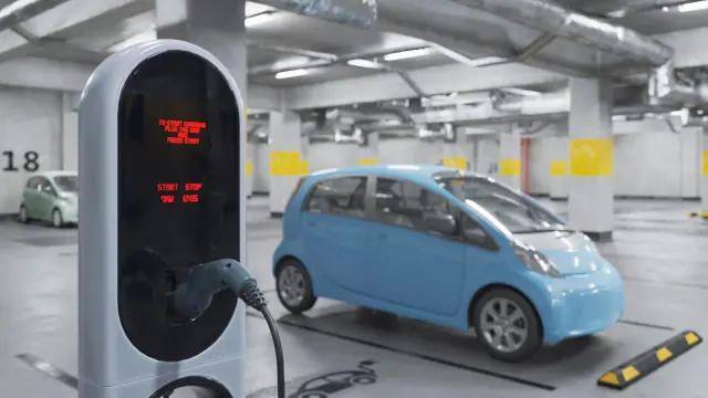 Coche eléctrico cargando en un parking